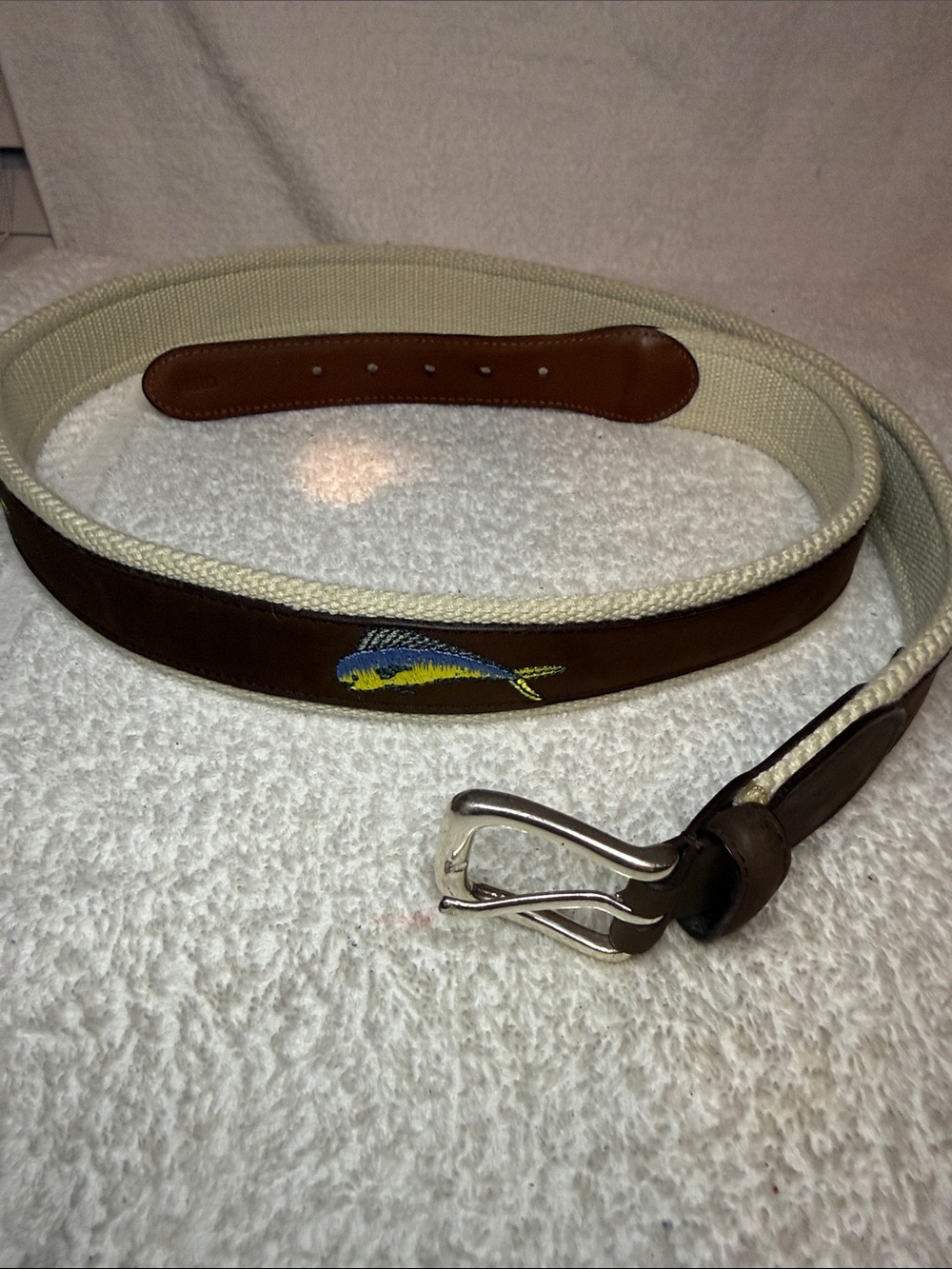Thomas Bates Brown Leather-Trim Embroidered Fish Belt - Men